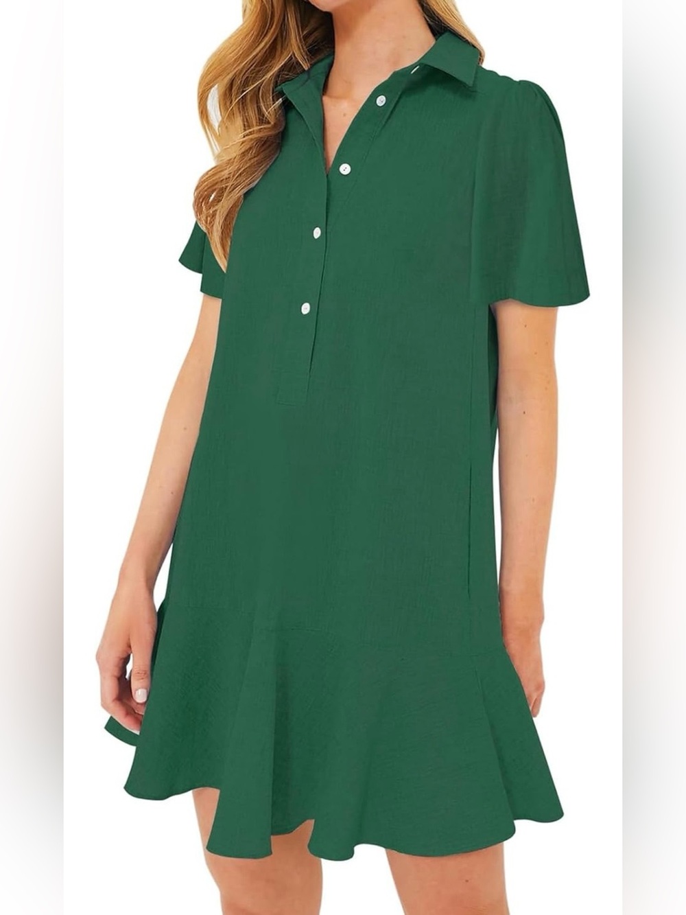 New Collection Women XS Green Pique Polo Dress Ruffle Hem Puff Sleeve Cotton